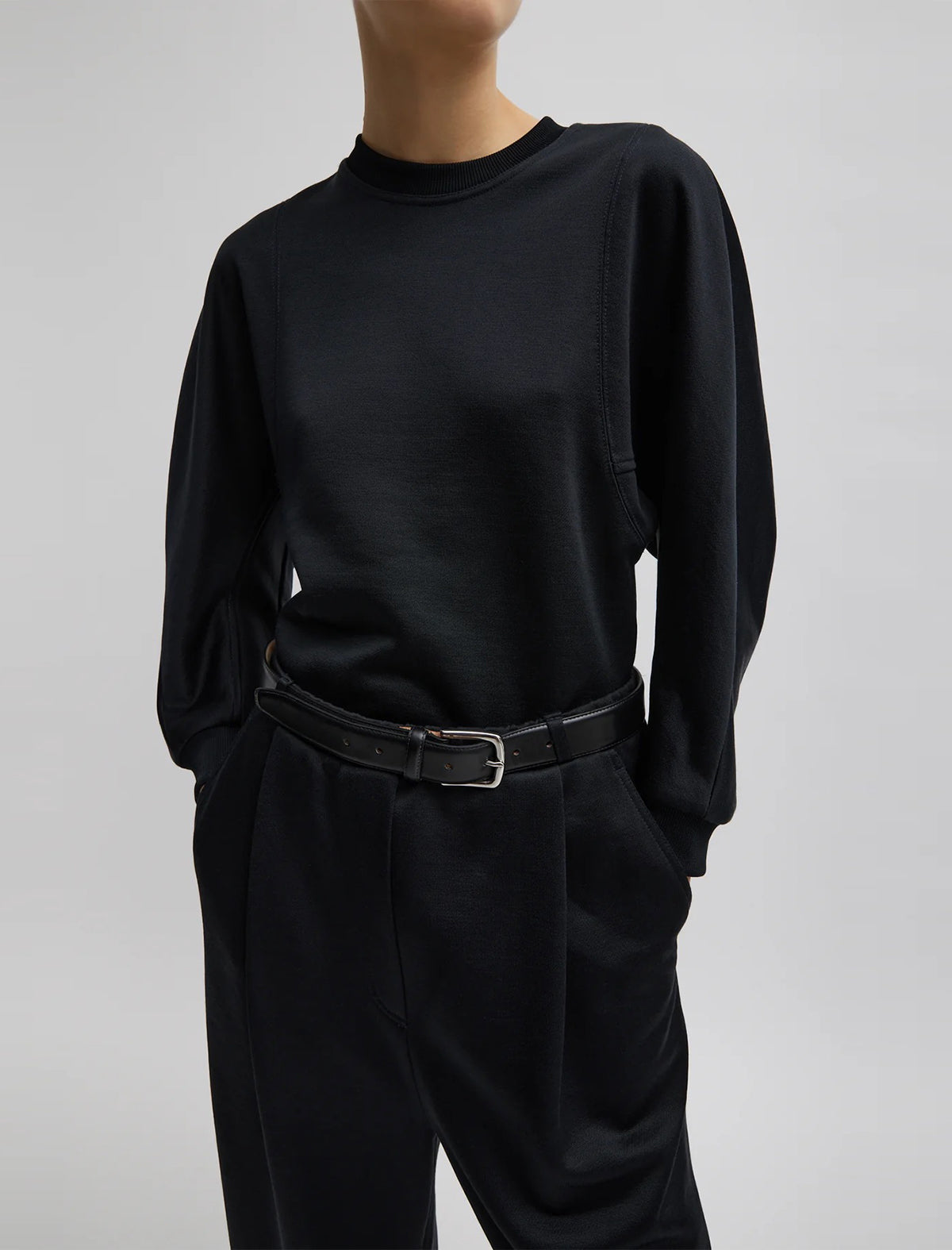 TIBI Silk Terry Sculpted Sleeve Slim Sweatshirt In Black