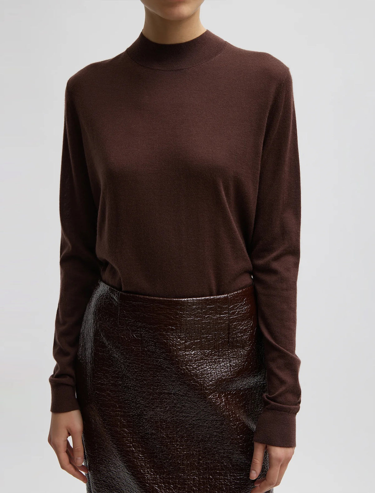 TIBI Coated Basketweave Pencil Skirt In Brown