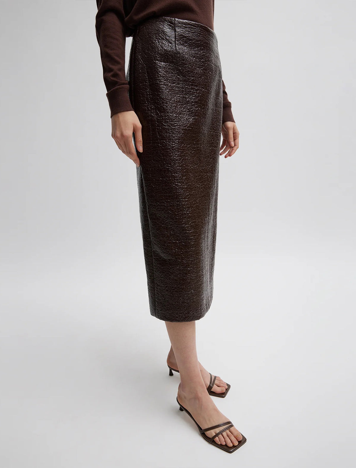 TIBI Coated Basketweave Pencil Skirt In Brown