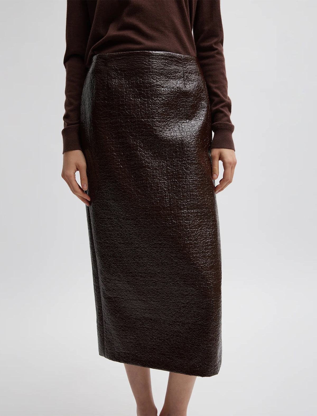 TIBI Coated Basketweave Pencil Skirt In Brown