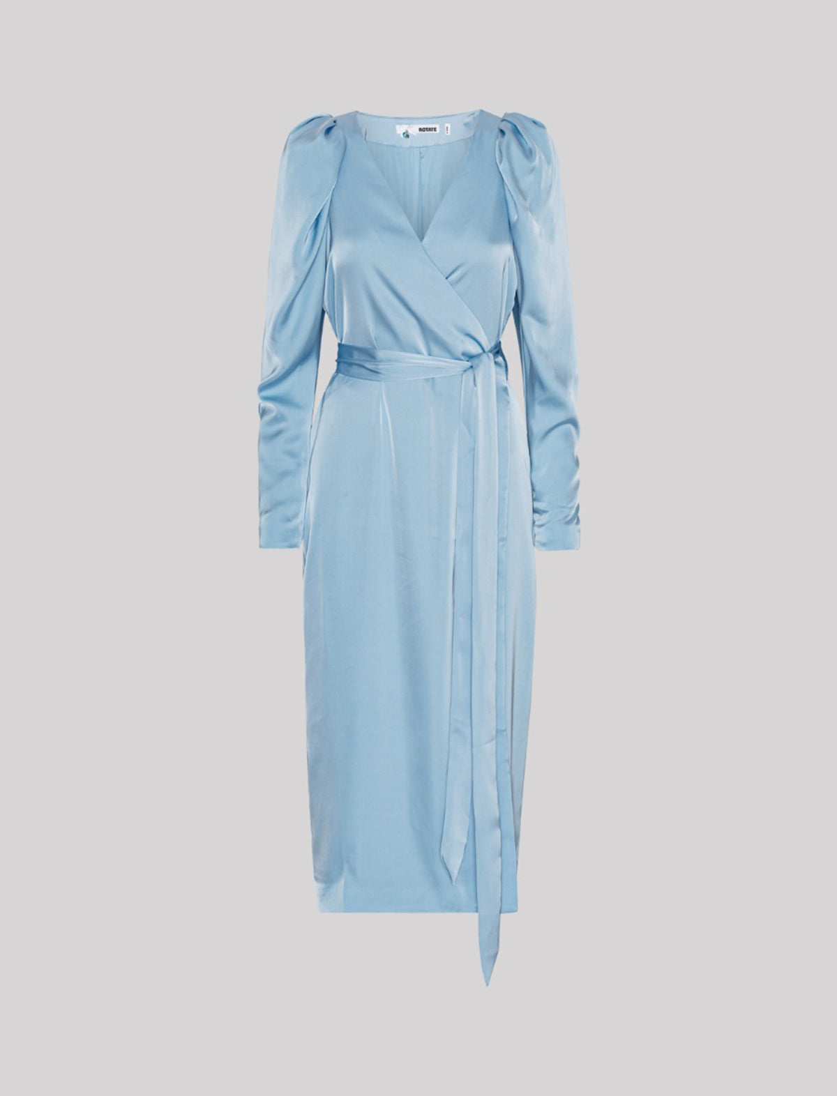 ROTATE Birger Christensen Satin Midi Wrap Dress In Placid Blue