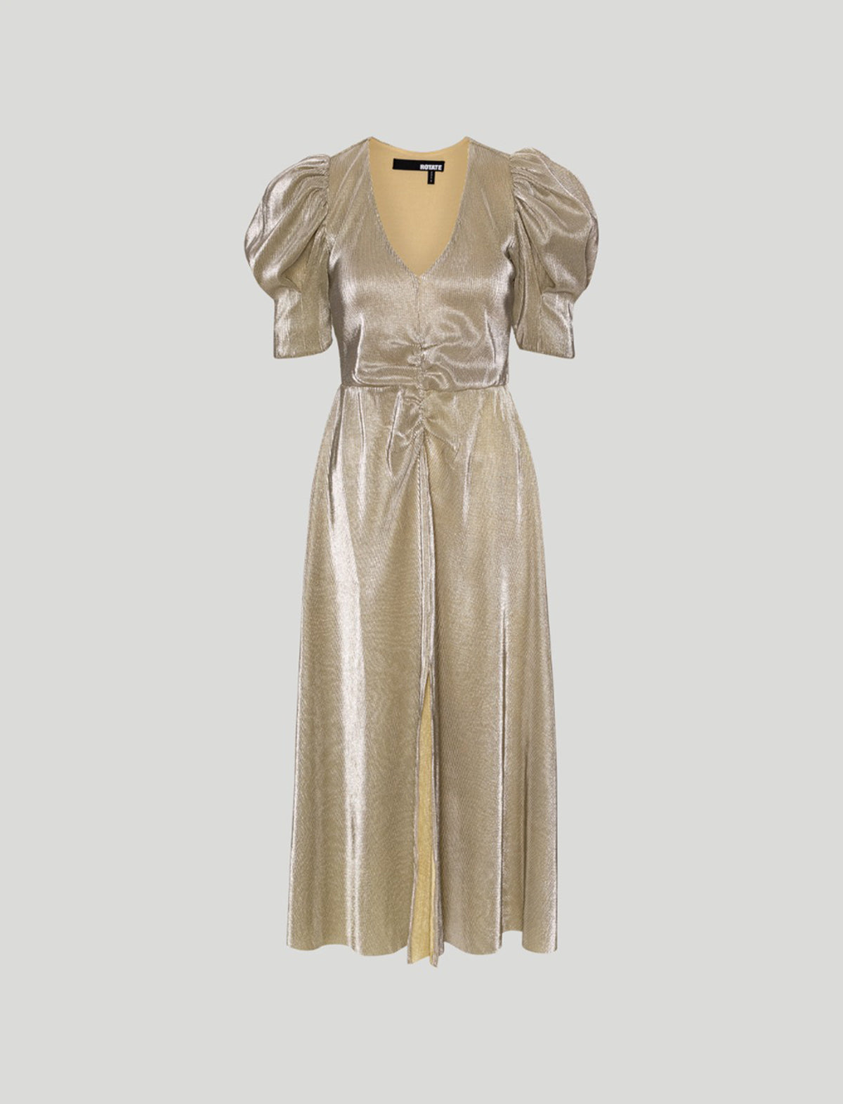 ROTATE Holiday V-Neck Plisse Midi Dress in Rutabaga Gold