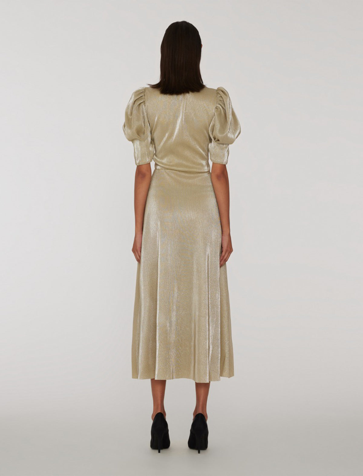 ROTATE Holiday V-Neck Plisse Midi Dress in Rutabaga Gold