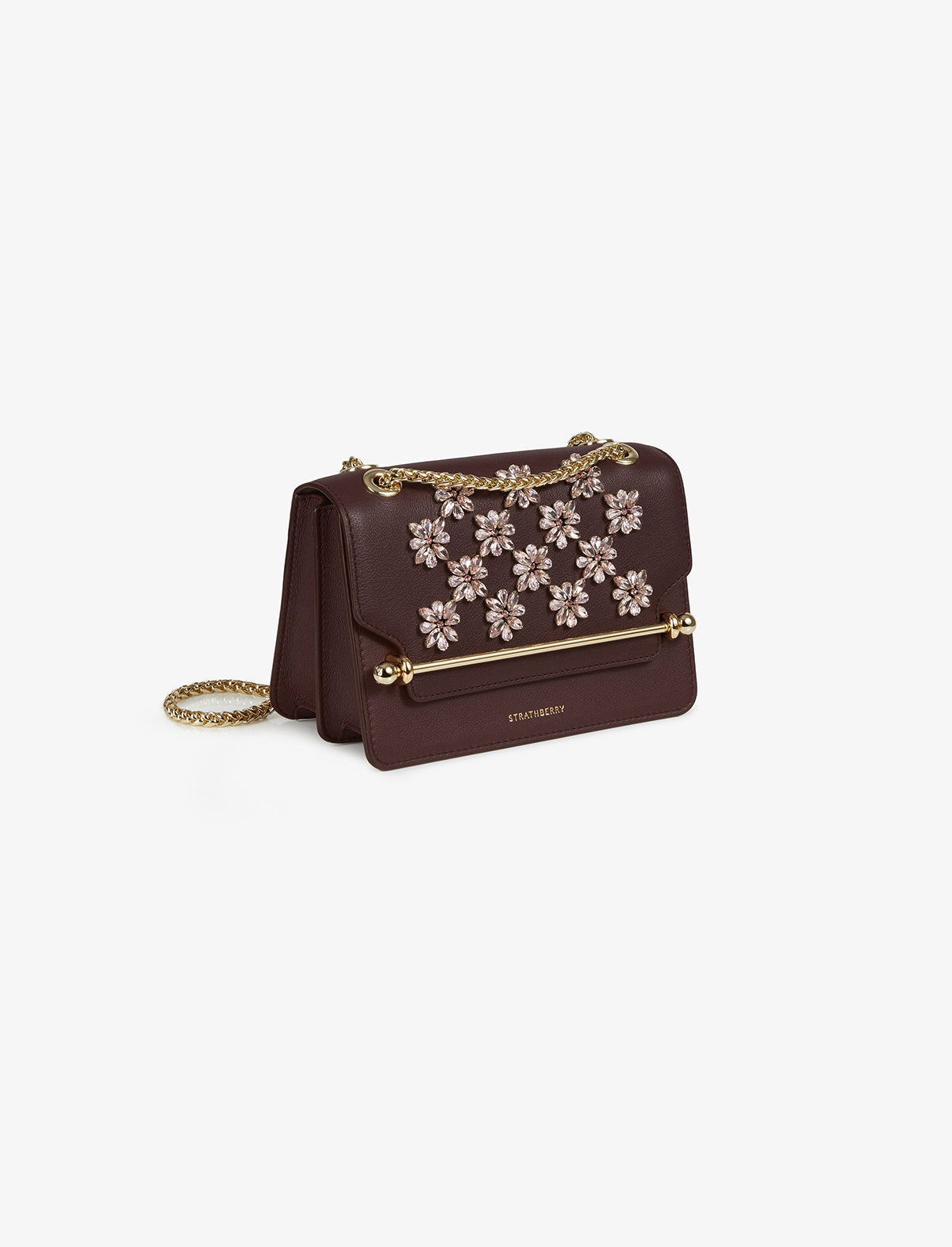 STRATHBERRY East West Mini Bag in Floral Embroidered Burgundy CLOSET Singapore