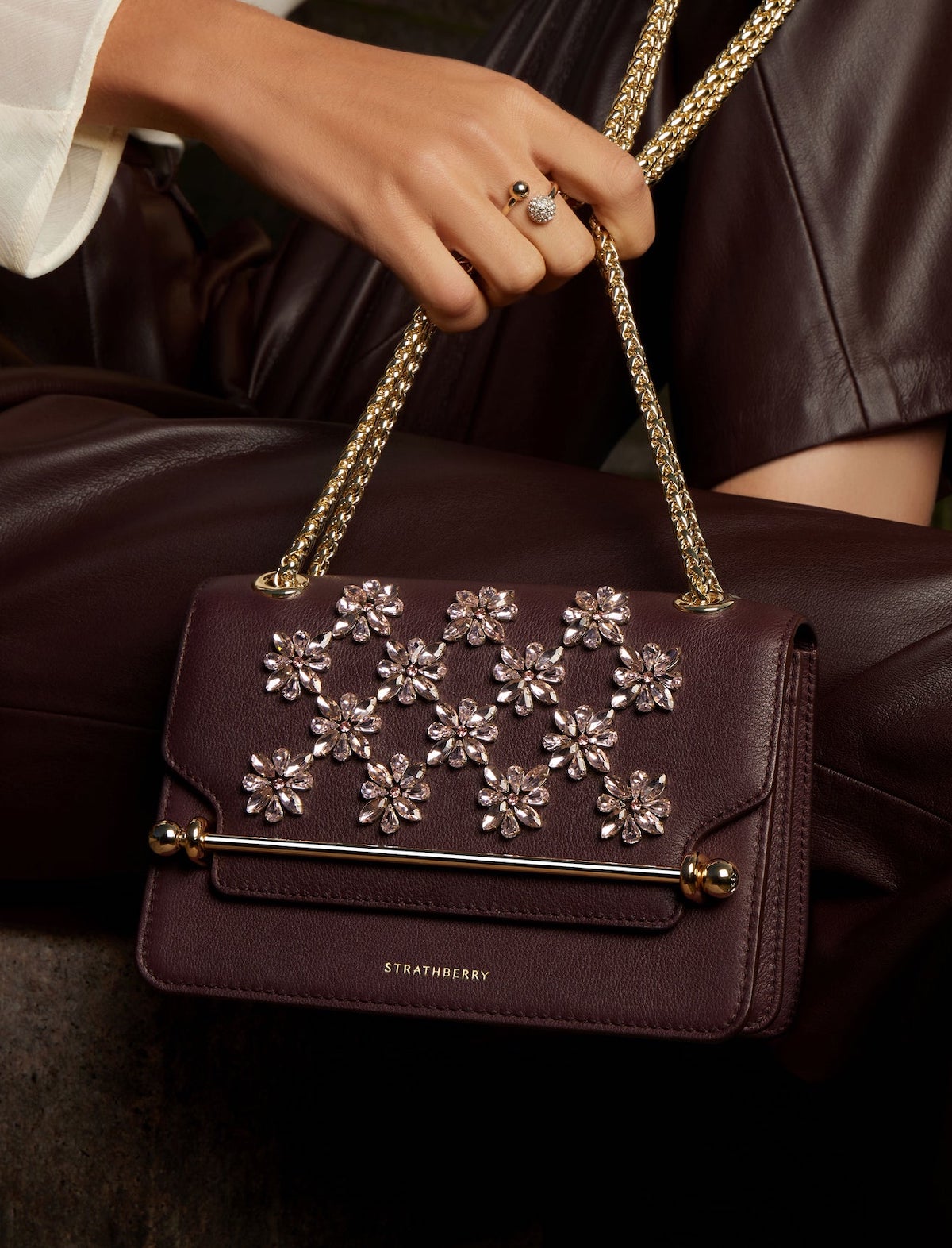 STRATHBERRY East/West Mini Bag in Floral Embroidered Burgundy