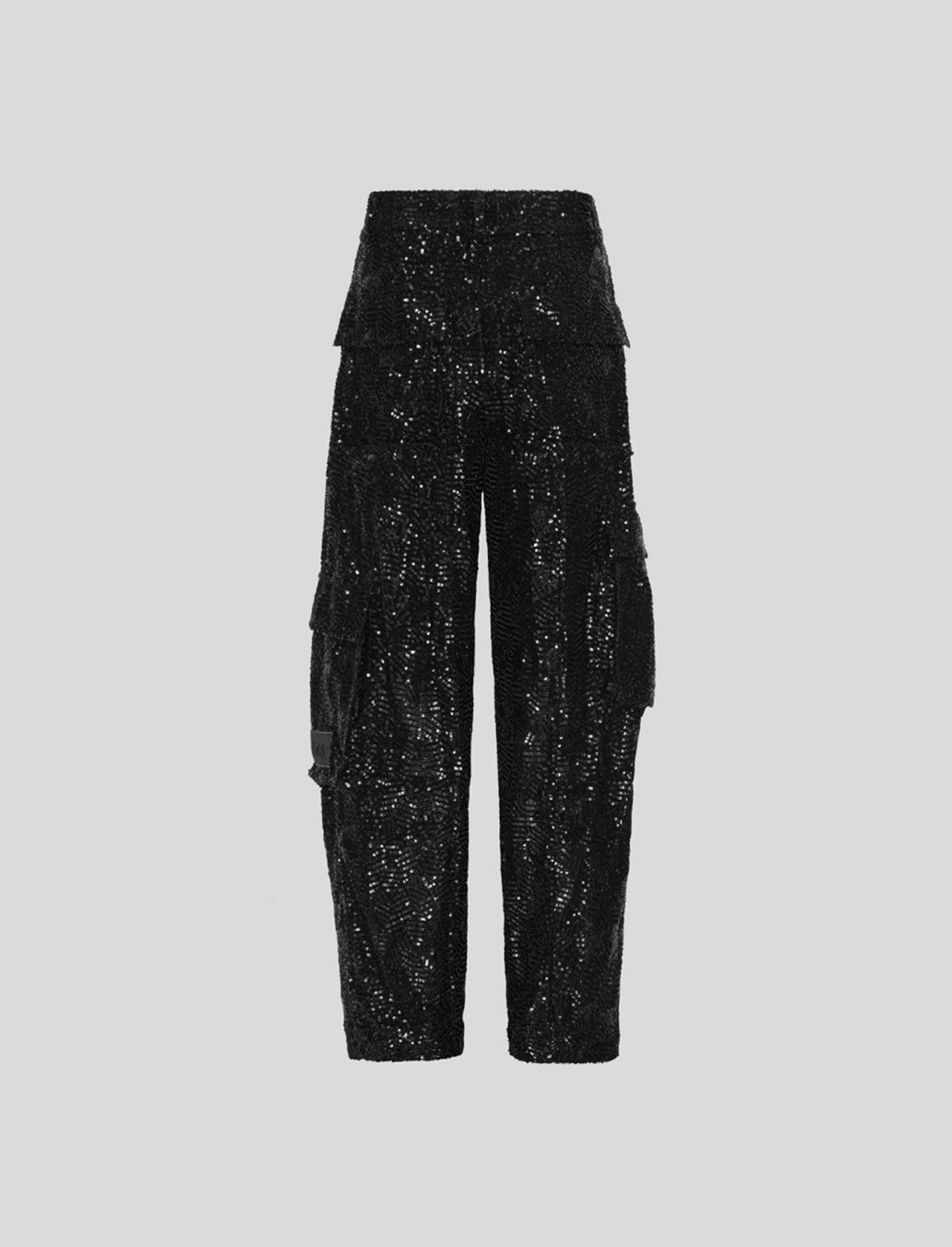 ROTATE Holiday Sequined Cargo Satin Pants in Black