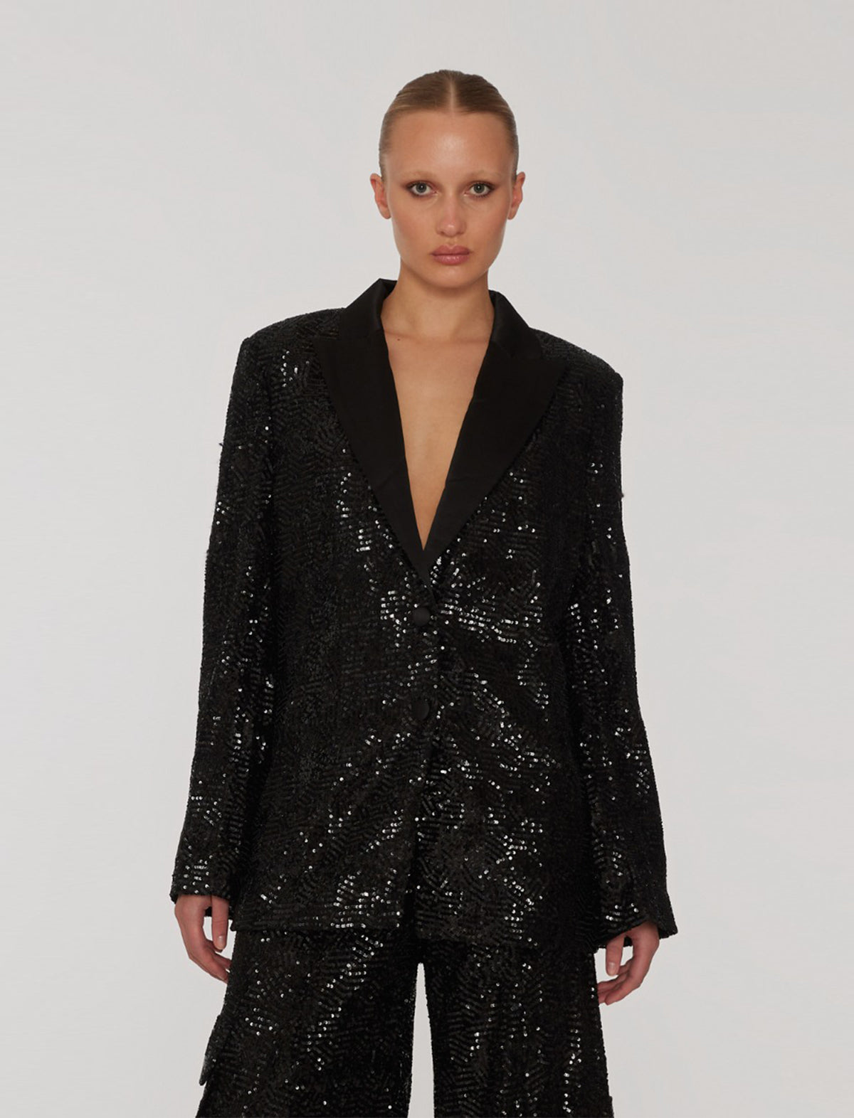 ROTATE Holiday Oversized Sequin Satin Blazer in Black