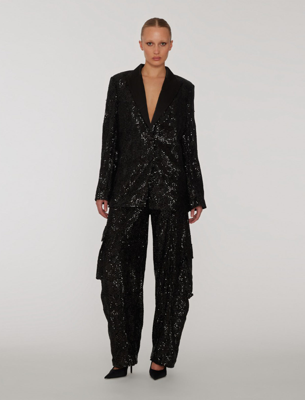 ROTATE Holiday Oversized Sequin Satin Blazer in Black