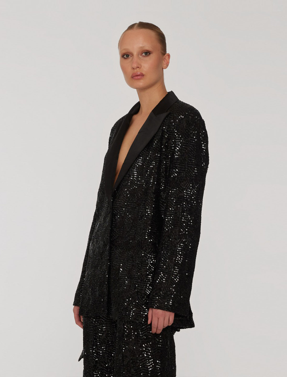 ROTATE Holiday Oversized Sequin Satin Blazer in Black