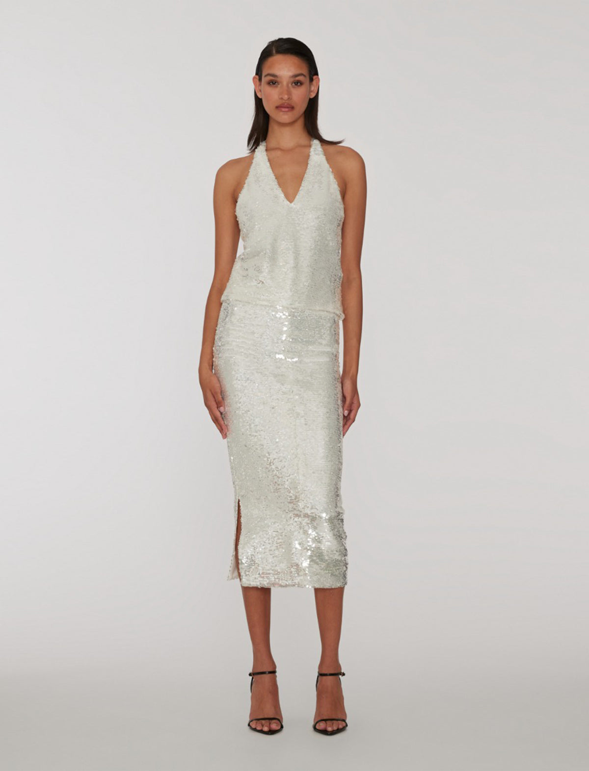 ROTATE Holiday Sequined Pencil Skirt in Silver