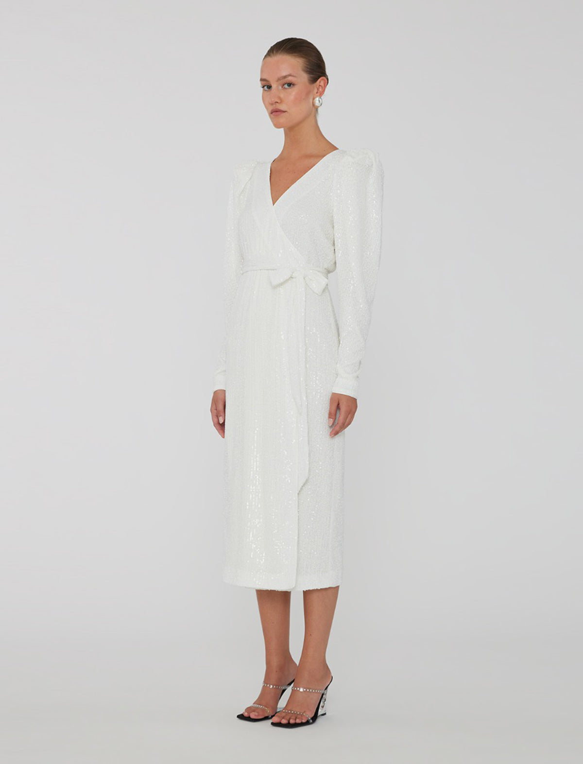 ROTATE Birger Christensen Sequin Midi Wrap Dress In Egret