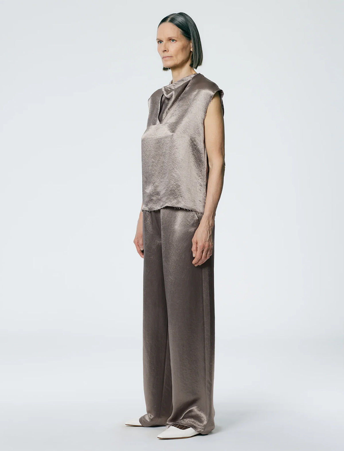 TIBI Sion Satin Wide Leg Pullon Pant In Slate Grey