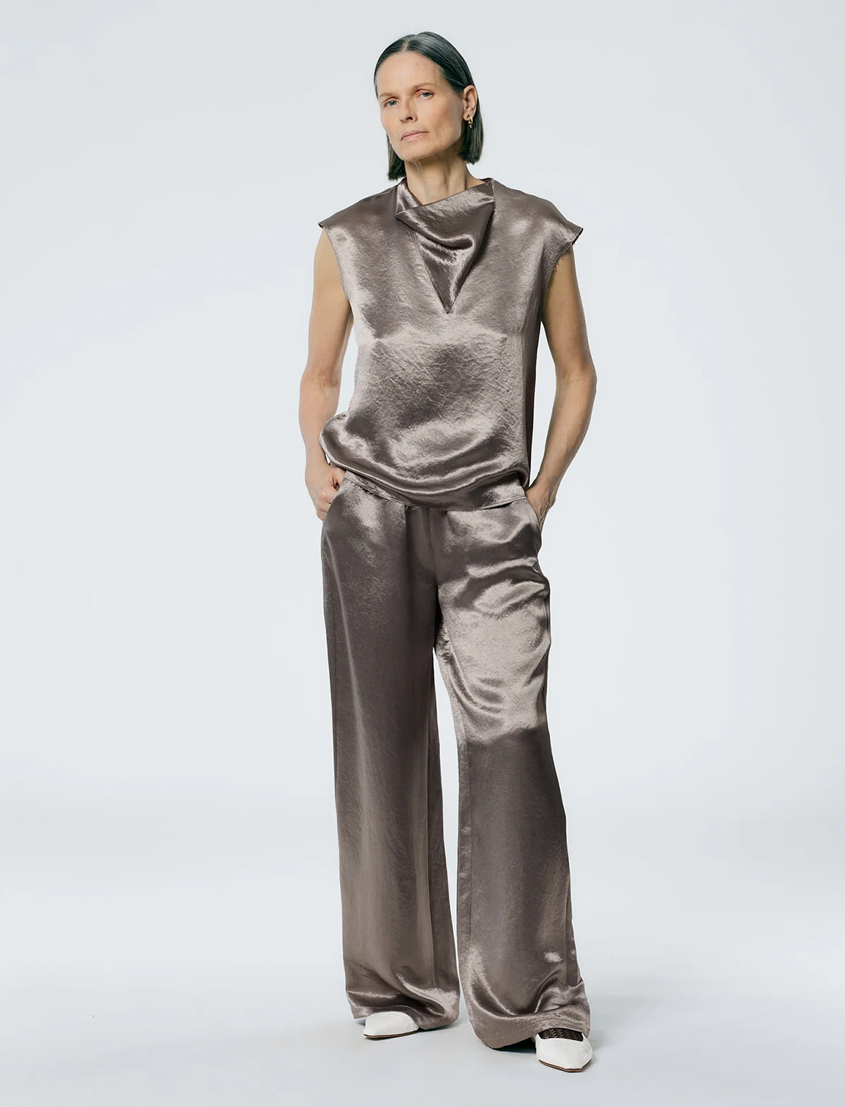 TIBI Sion Satin Wide Leg Pullon Pant In Slate Grey