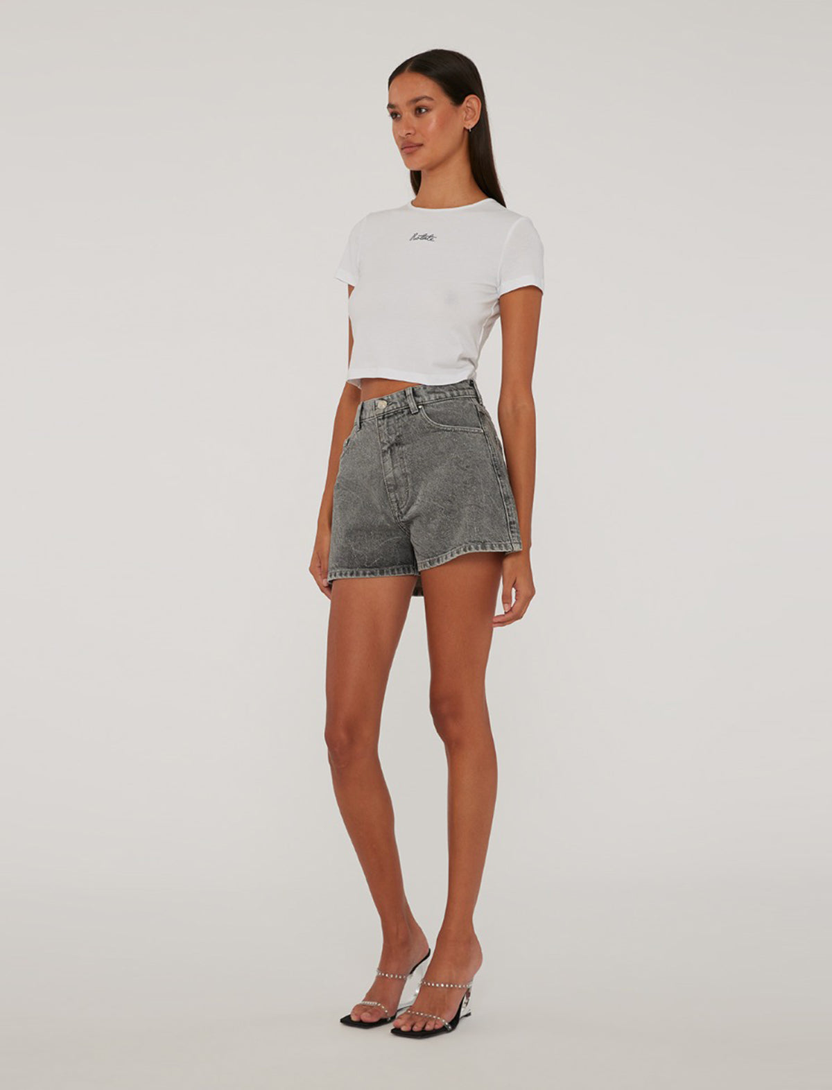 ROTATE Birger Christensen Rhinestone Denim Shorts In Grey Denim