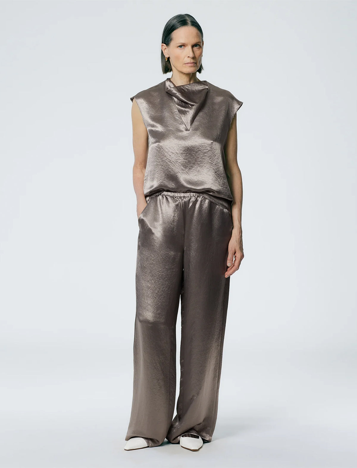 TIBI Sion Satin Wide Leg Pullon Pant In Slate Grey