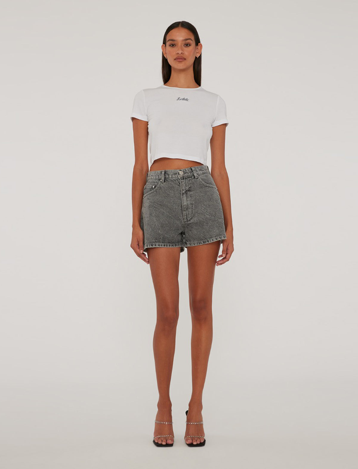 ROTATE Birger Christensen Rhinestone Denim Shorts In Grey Denim