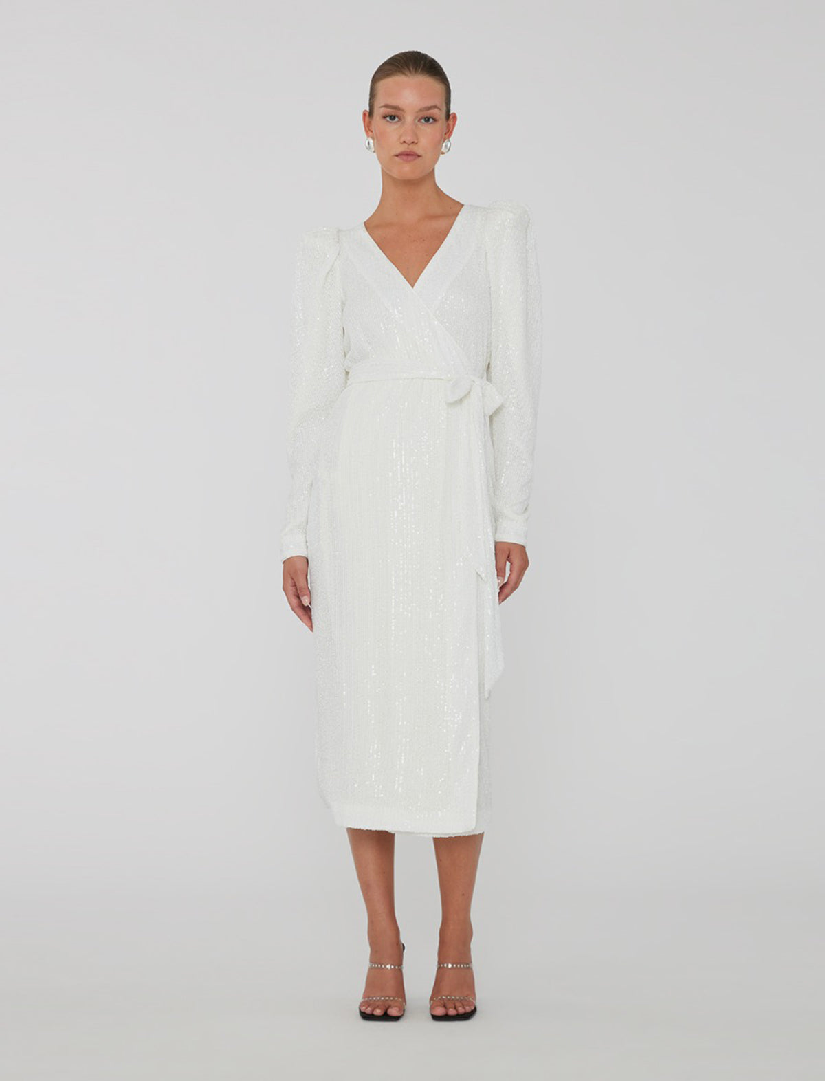 ROTATE Birger Christensen Sequin Midi Wrap Dress In Egret