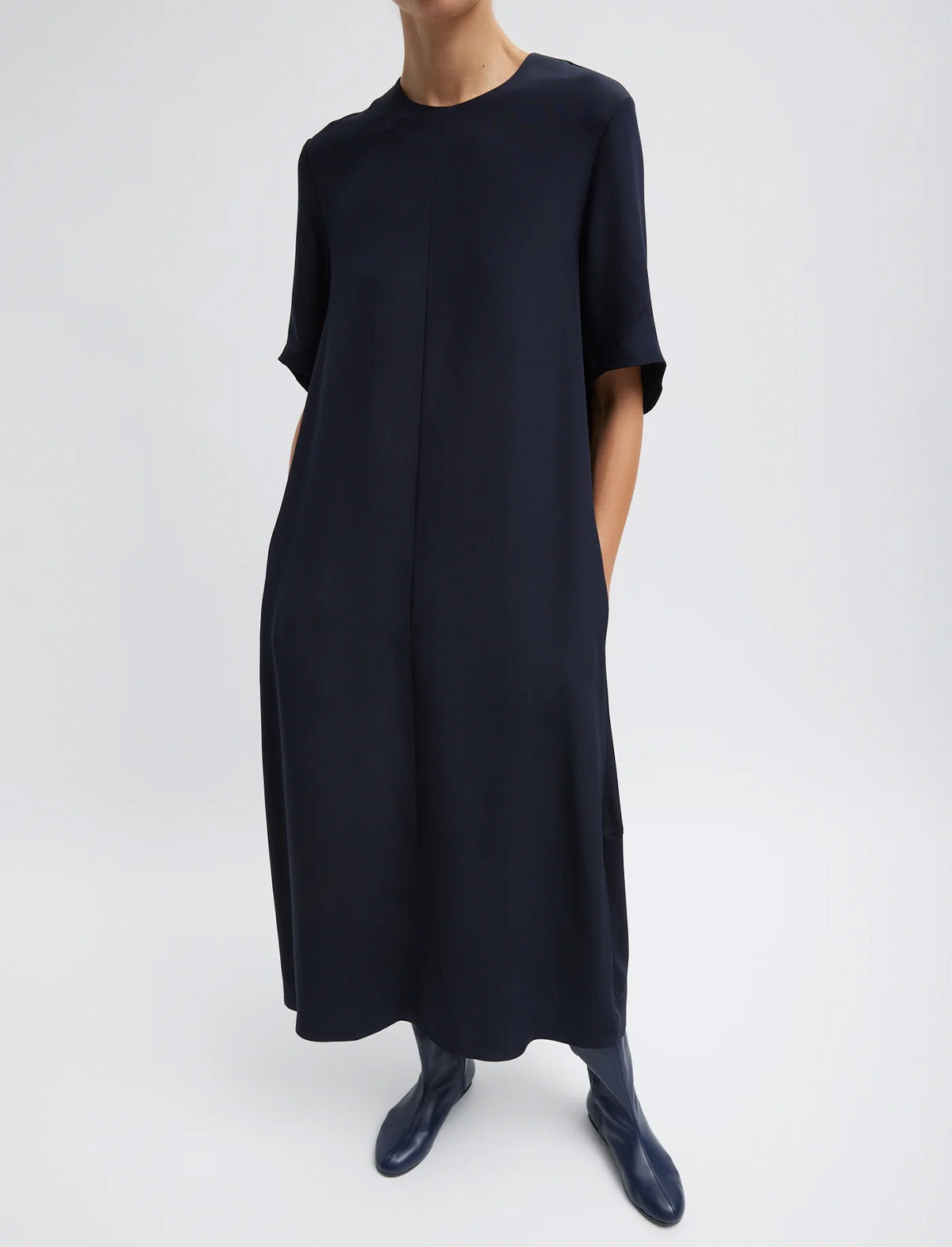 TIBI 4-Ply Silk T-Shirt Dress in Dark Navy
