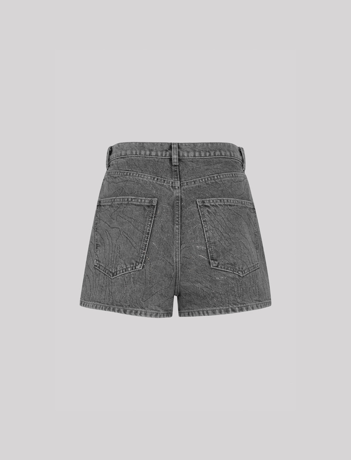 ROTATE Birger Christensen Rhinestone Denim Shorts In Grey Denim