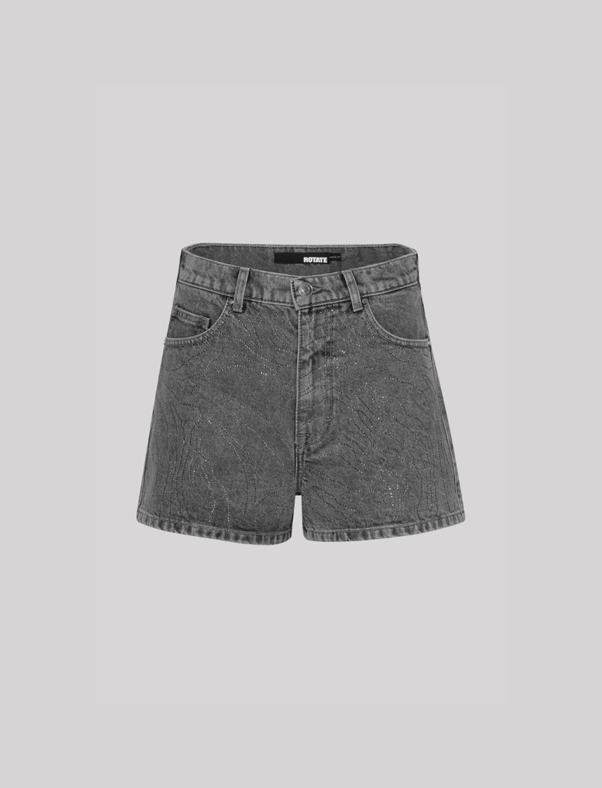 ROTATE Birger Christensen Rhinestone Denim Shorts In Grey Denim