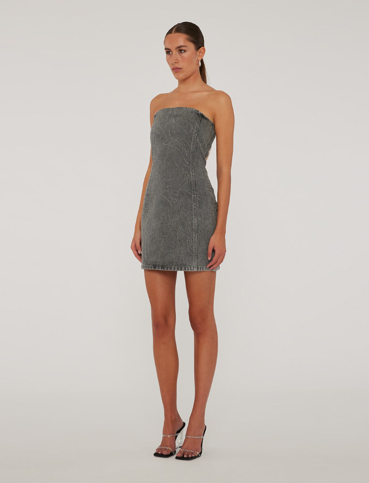 ROTATE Birger Christensen Rhinestone Denim Dress In Grey