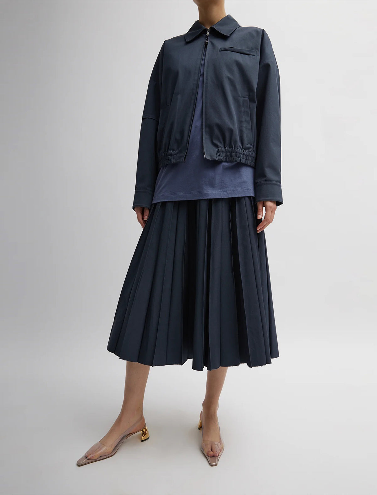 TIBI Oliver Cotton Stretch Tricotine Pintucked Skirt In Slate Blue