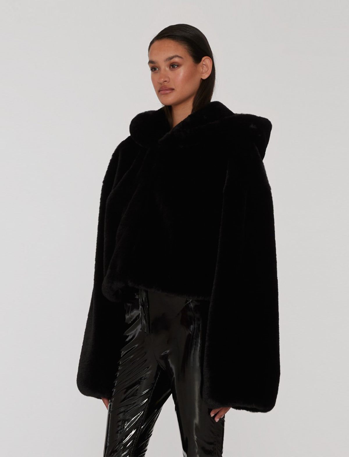 ROTATE Holiday Fluffy Faux Fur Hooded Jacket in Black