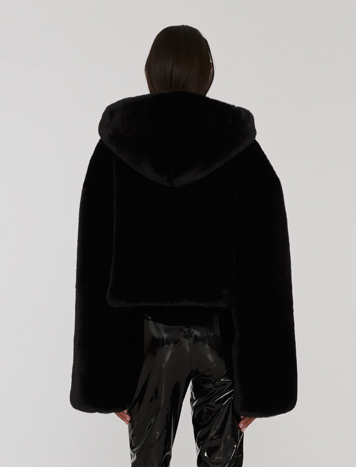 ROTATE Holiday Fluffy Faux Fur Hooded Jacket in Black