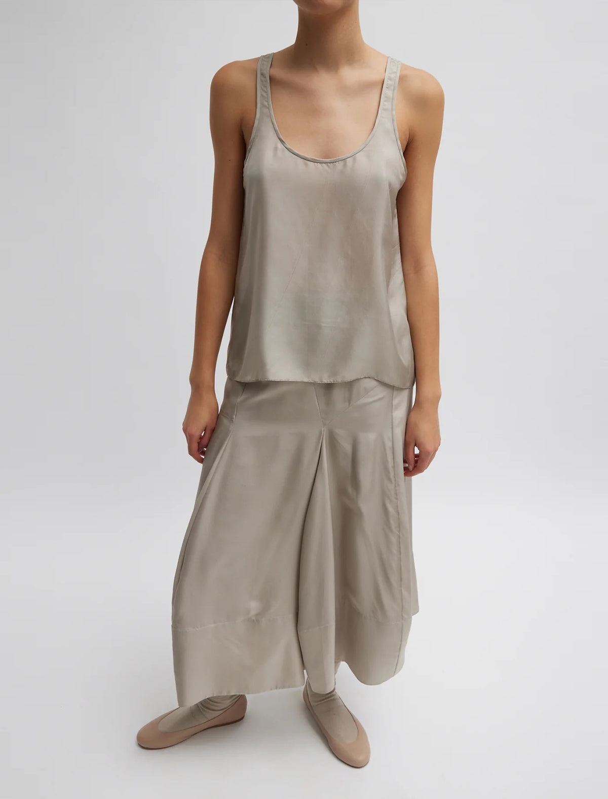 TIBI Silk Habutai Circular Seamed Skirt In Light Stone