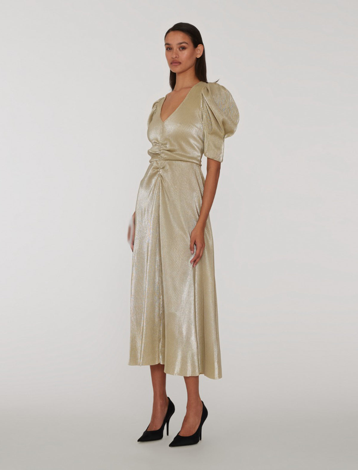 ROTATE Holiday V-Neck Plisse Midi Dress in Rutabaga Gold