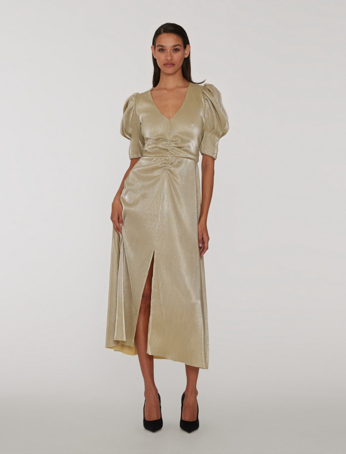 ROTATE Holiday V-Neck Plisse Midi Dress in Rutabaga Gold