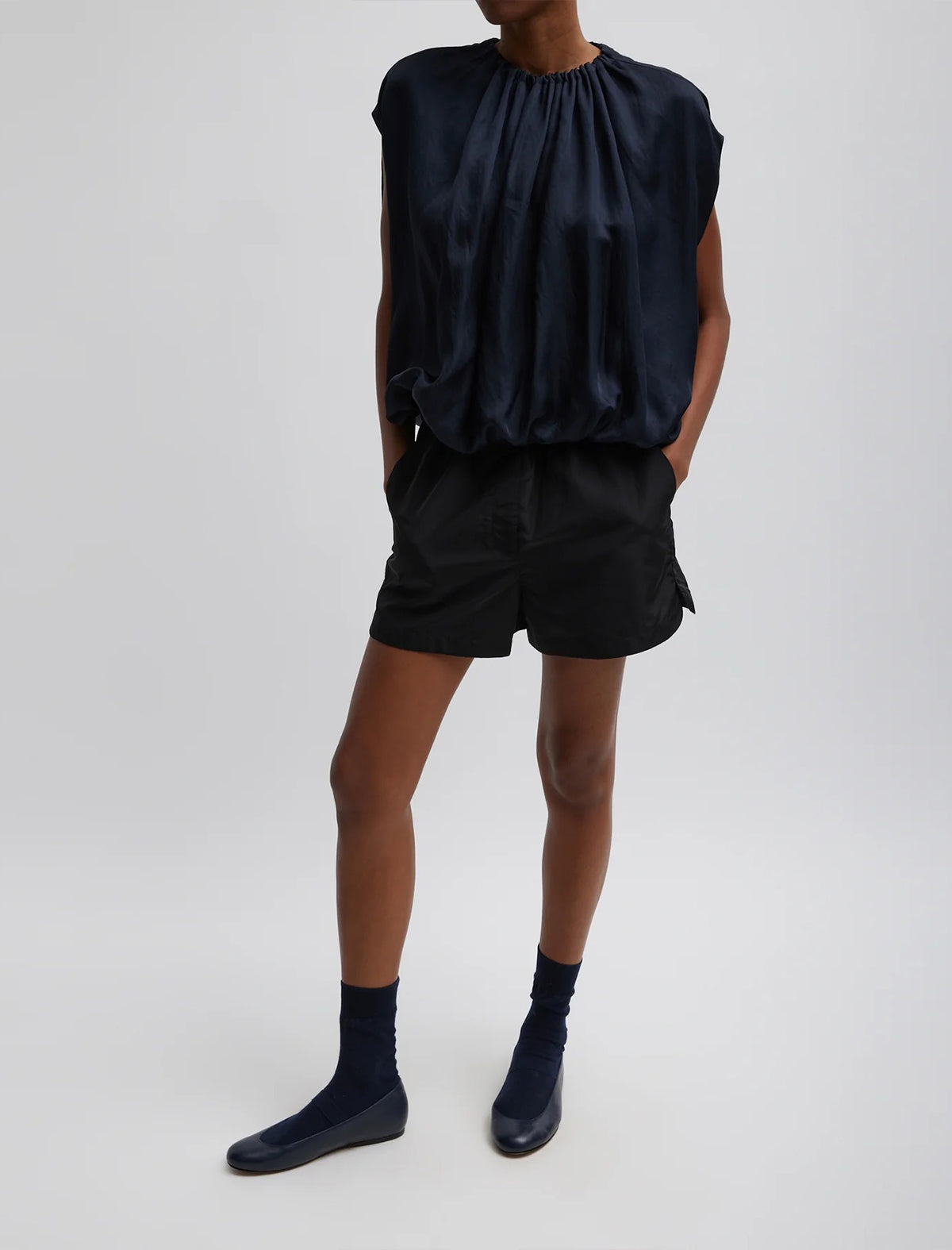 TIBI Silk Nylon Pull On Shorts In Black