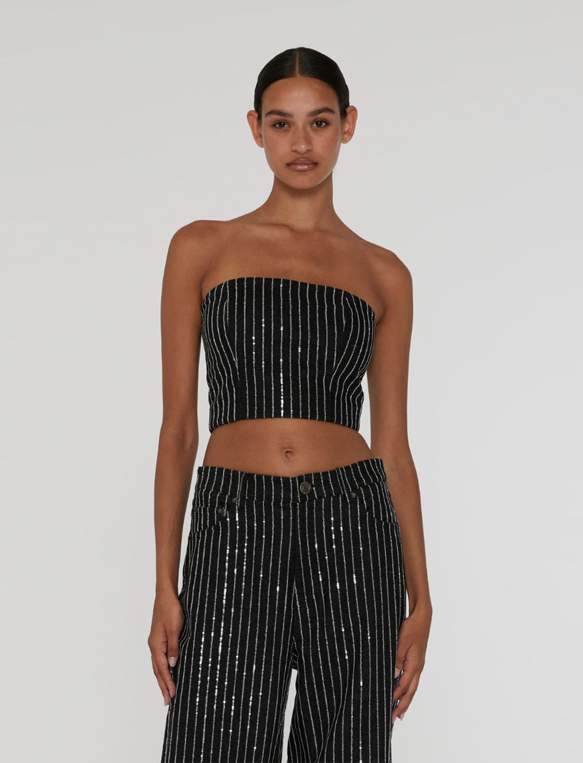 ROTATE BIRGER CHRISTENSEN Sequin Twill Crop Top In Black