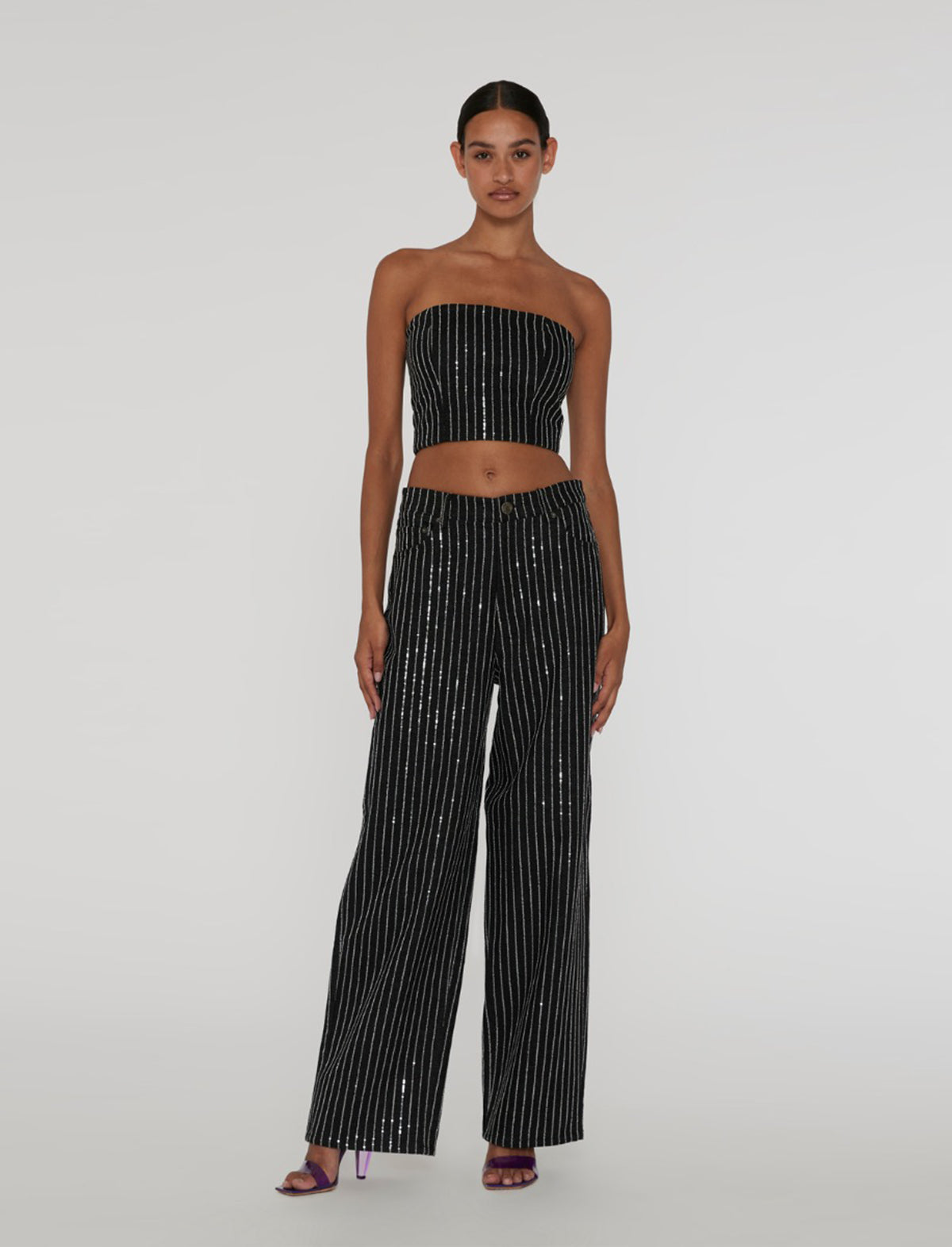 ROTATE BIRGER CHRISTENSEN Sequin Twill Crop Top In Black