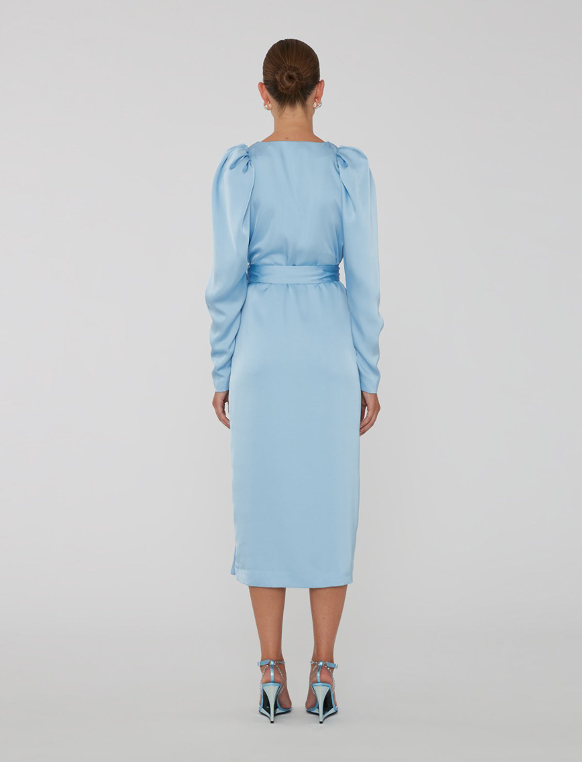 ROTATE Birger Christensen Satin Midi Wrap Dress In Placid Blue