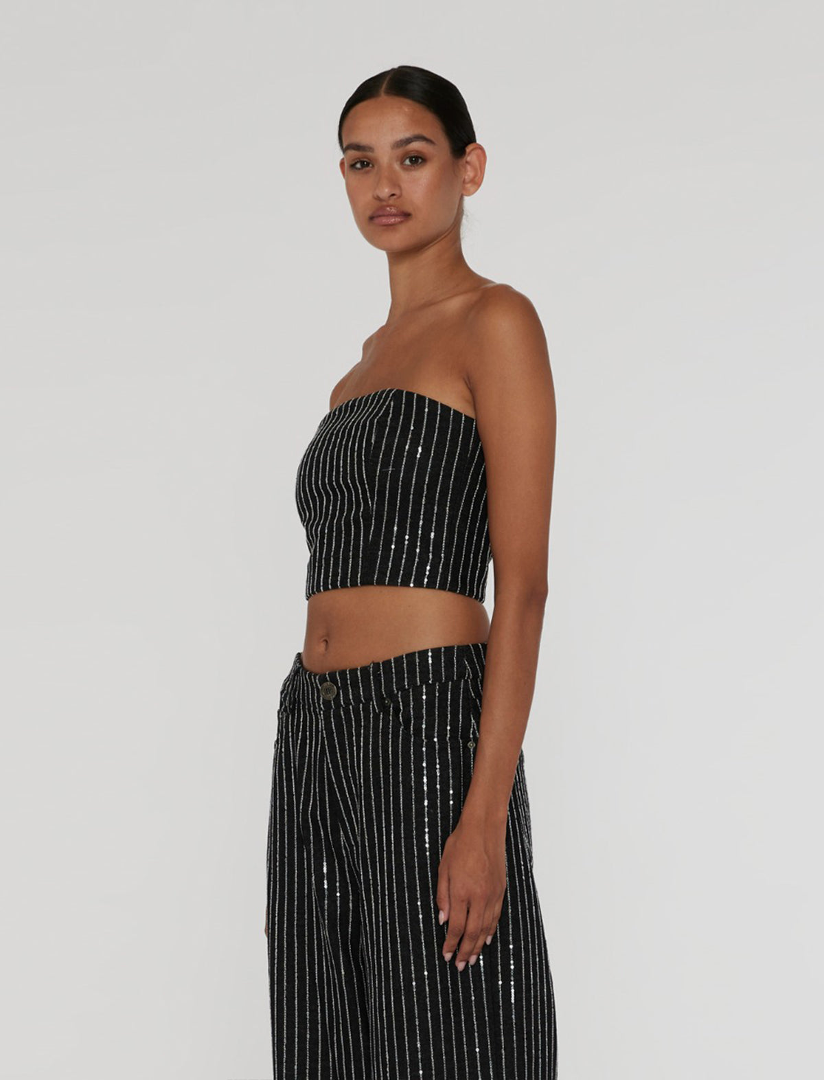 ROTATE BIRGER CHRISTENSEN Sequin Twill Crop Top In Black