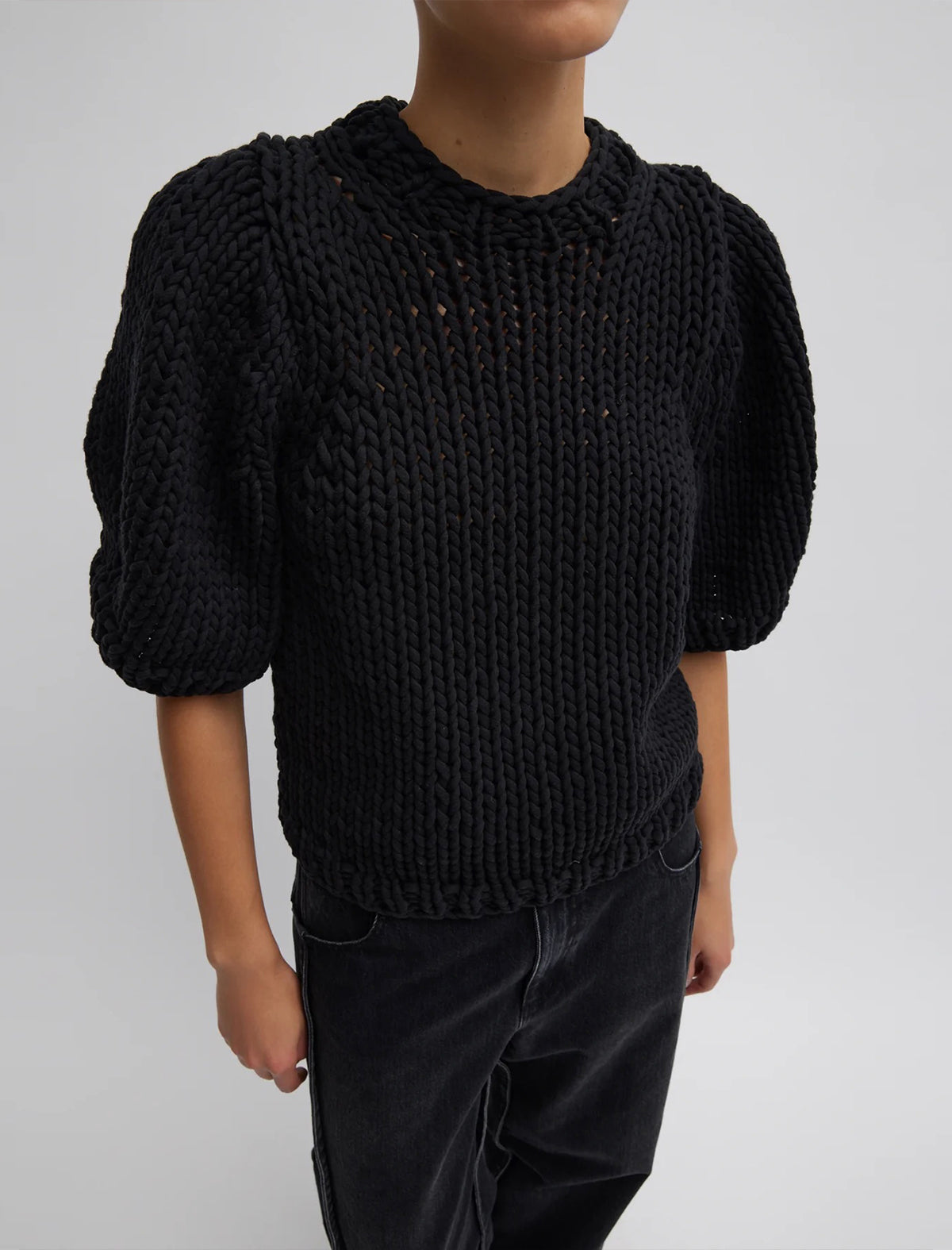 TIBI Deluxe Tube Yarn Sweater Mini Puff Pullover In Black