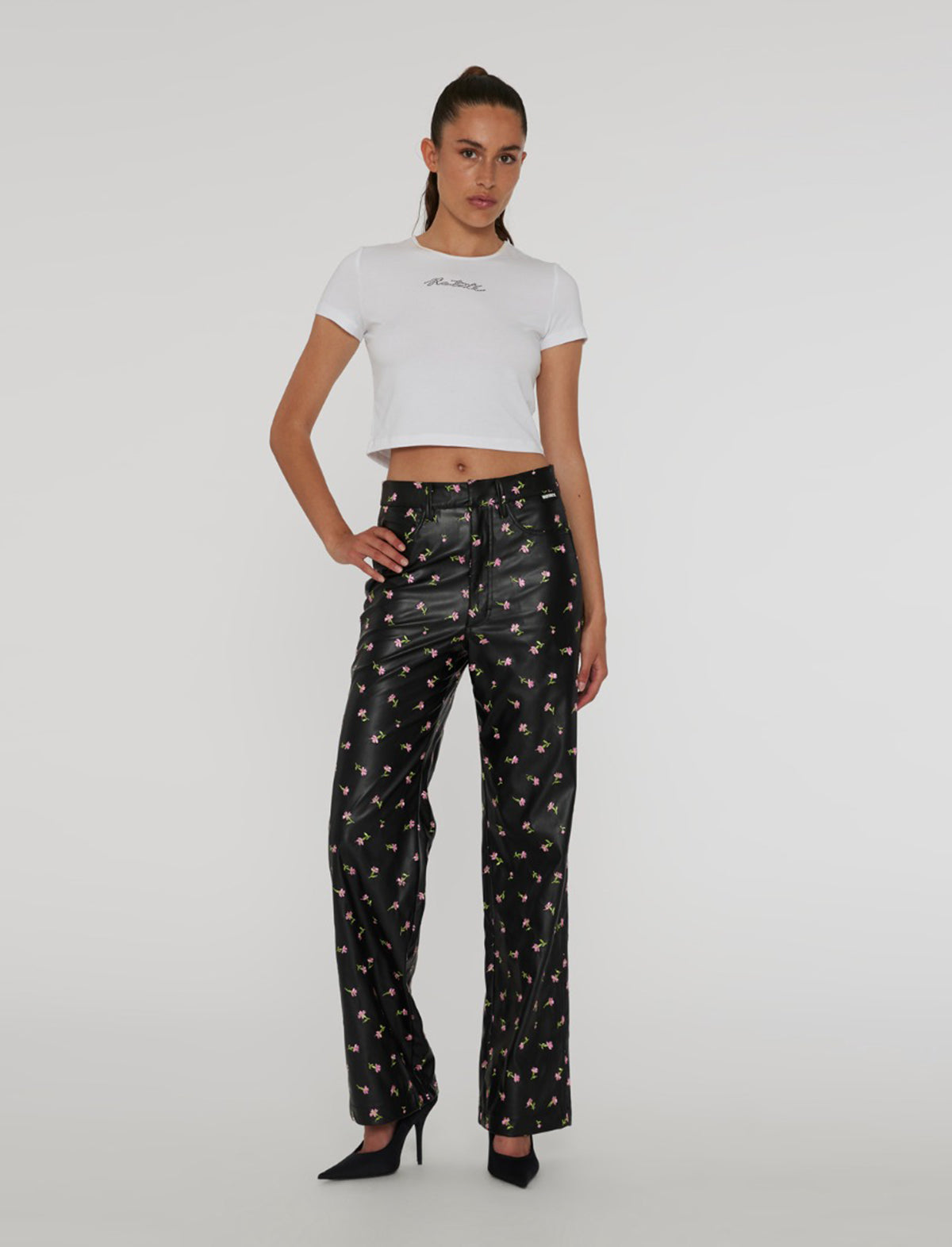 ROTATE BIRGER CHRISTENSEN PU Leather Straight Pants In Black/ Pink