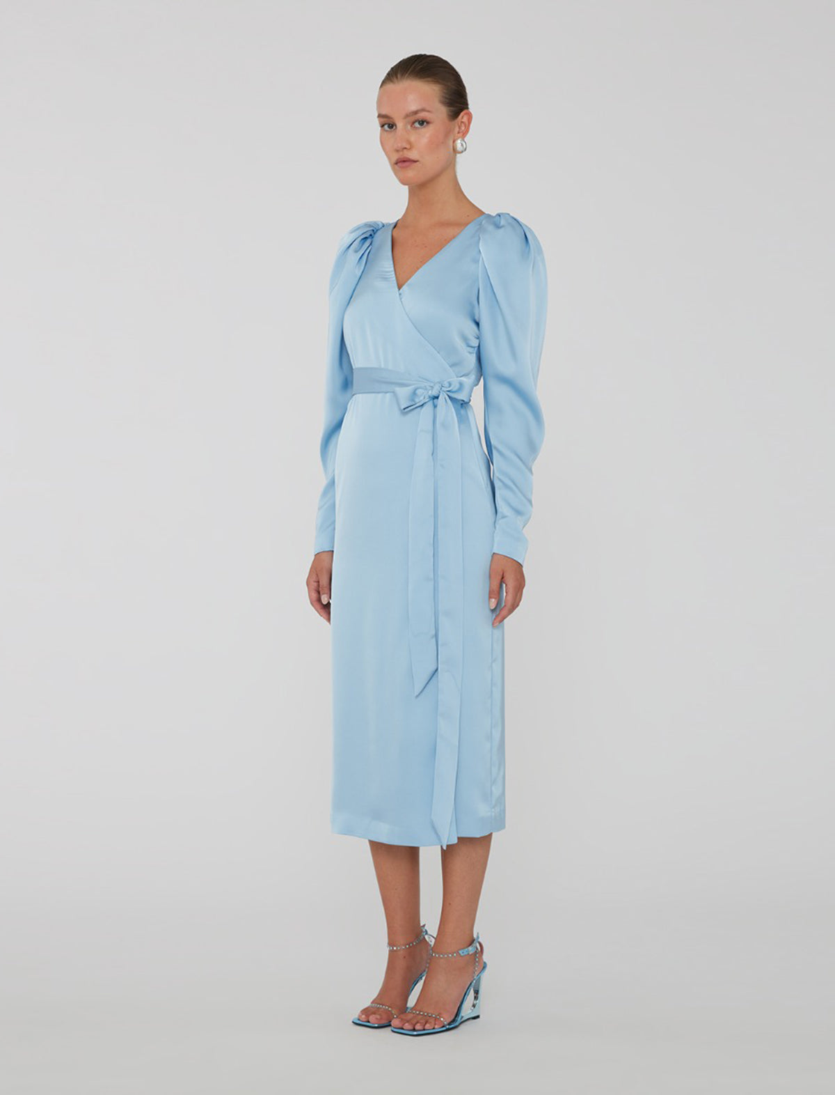 ROTATE Birger Christensen Satin Midi Wrap Dress In Placid Blue