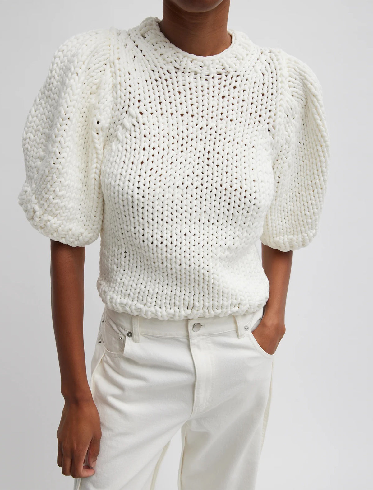 TIBI Deluxe Tube Yarn Sweater Mini Puff Pullover In White