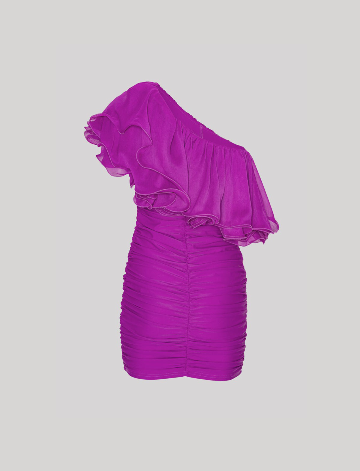 ROTATE Asymmetric Ruched Chiffon Mini Dress In Fuchsia