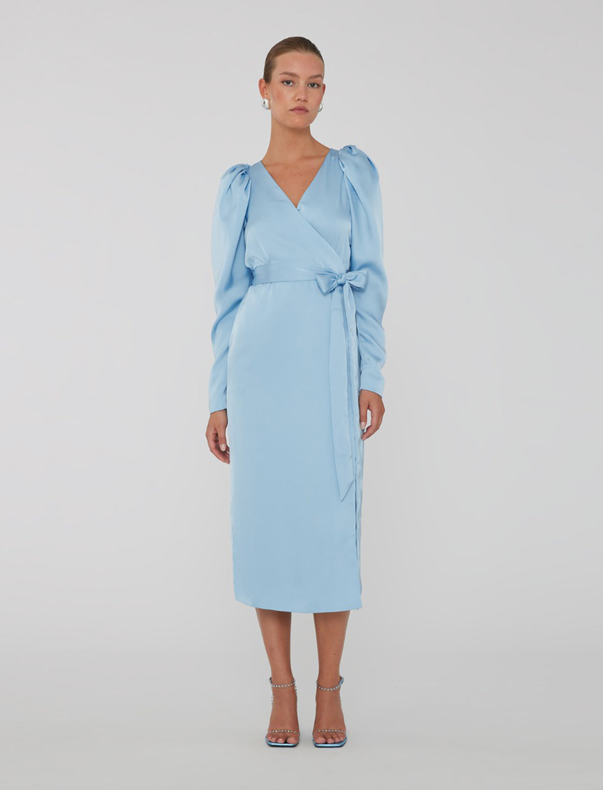 ROTATE Birger Christensen Satin Midi Wrap Dress In Placid Blue