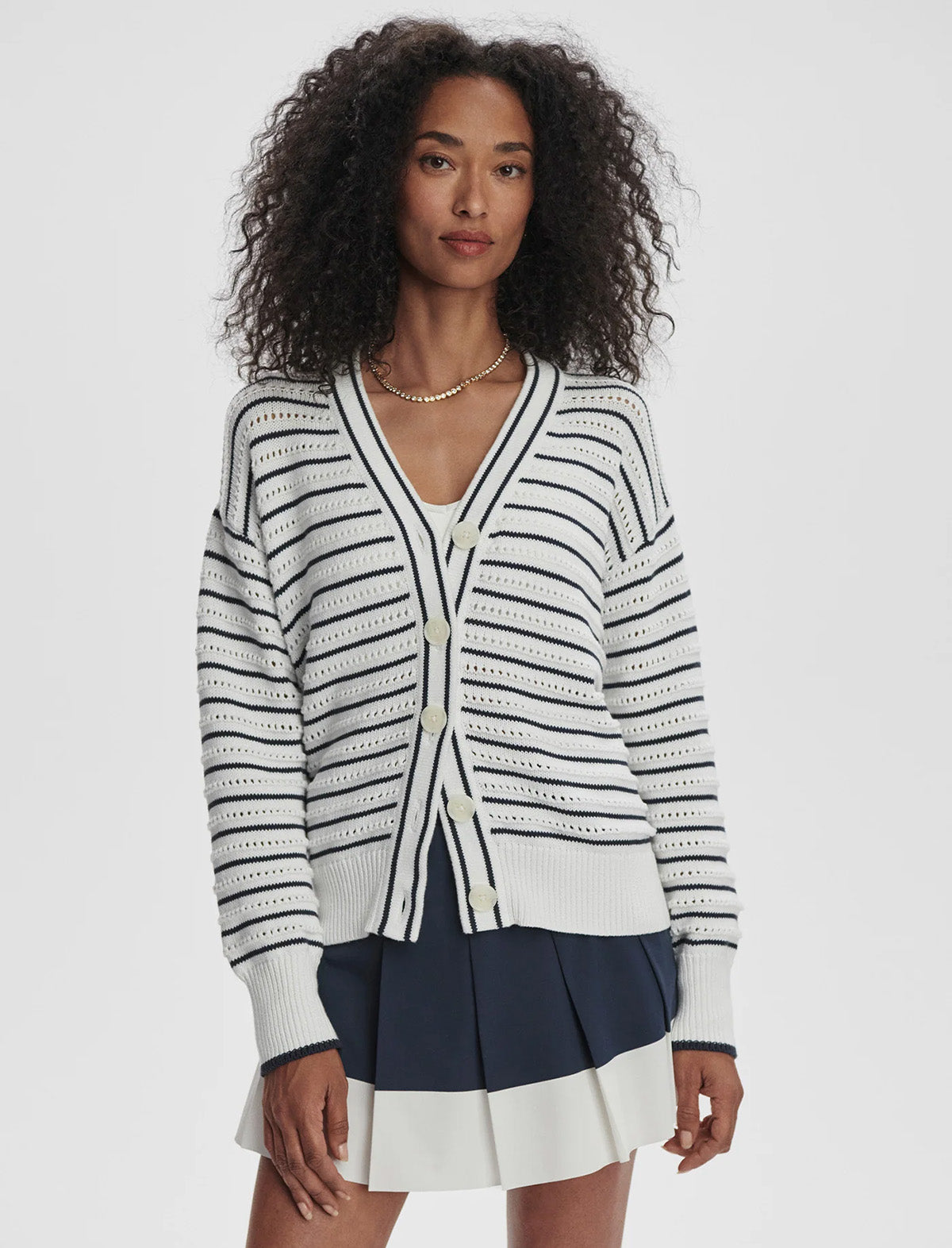 VARLEY Antonia Relaxed Cardigan in White/Blue Nights