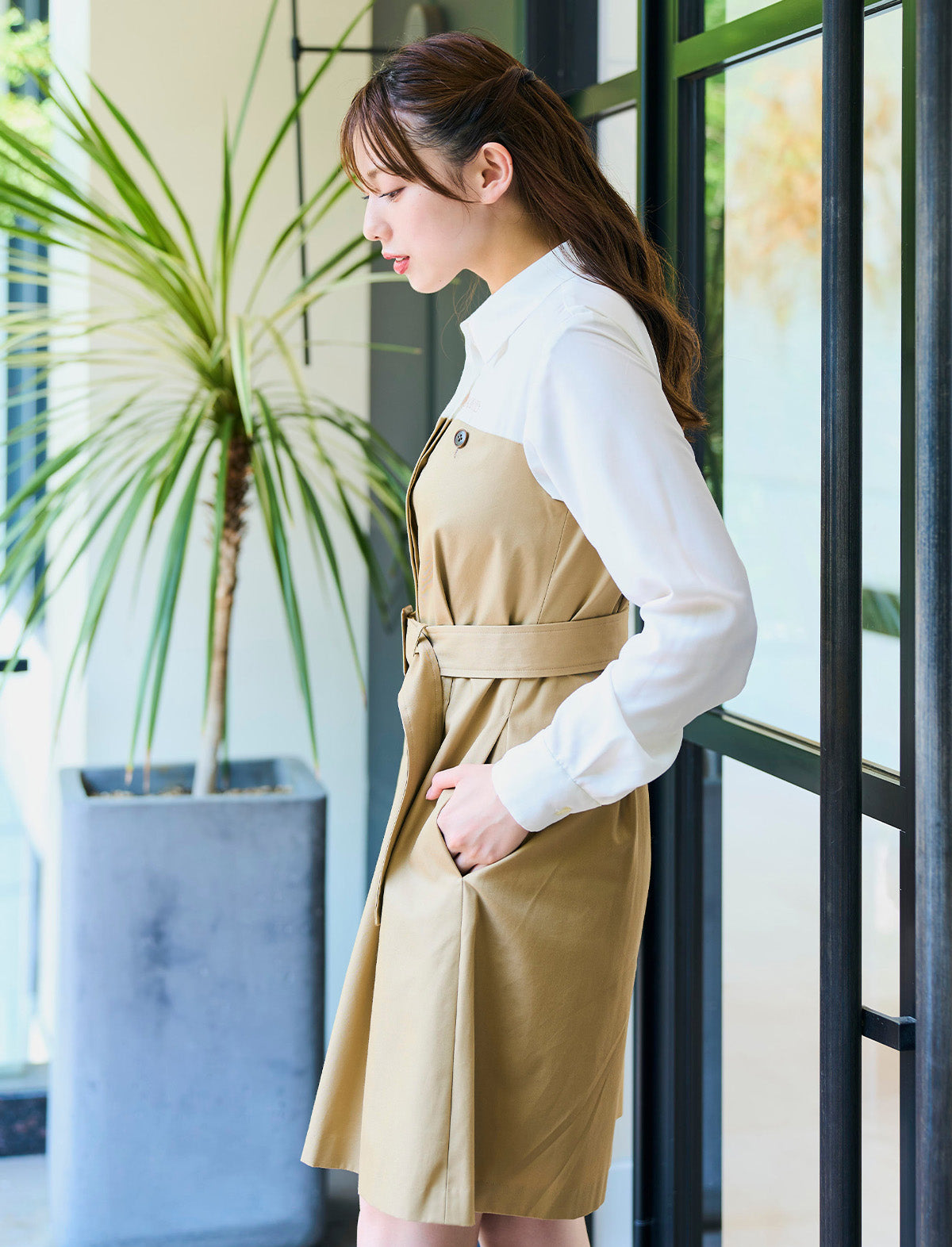 RICORD Bicolor Shirt Docking Trench Mini Dress in Beige