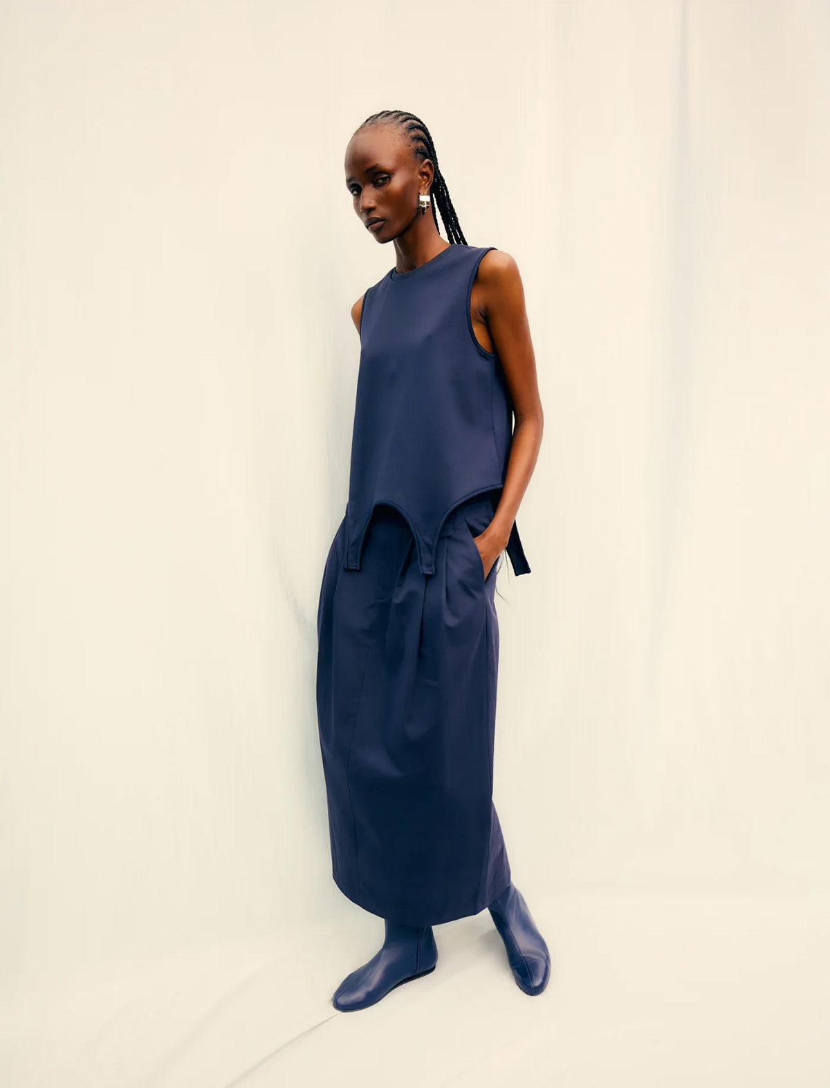 TIBI Bio Twill Triple Pleat Skirt in Dark Navy