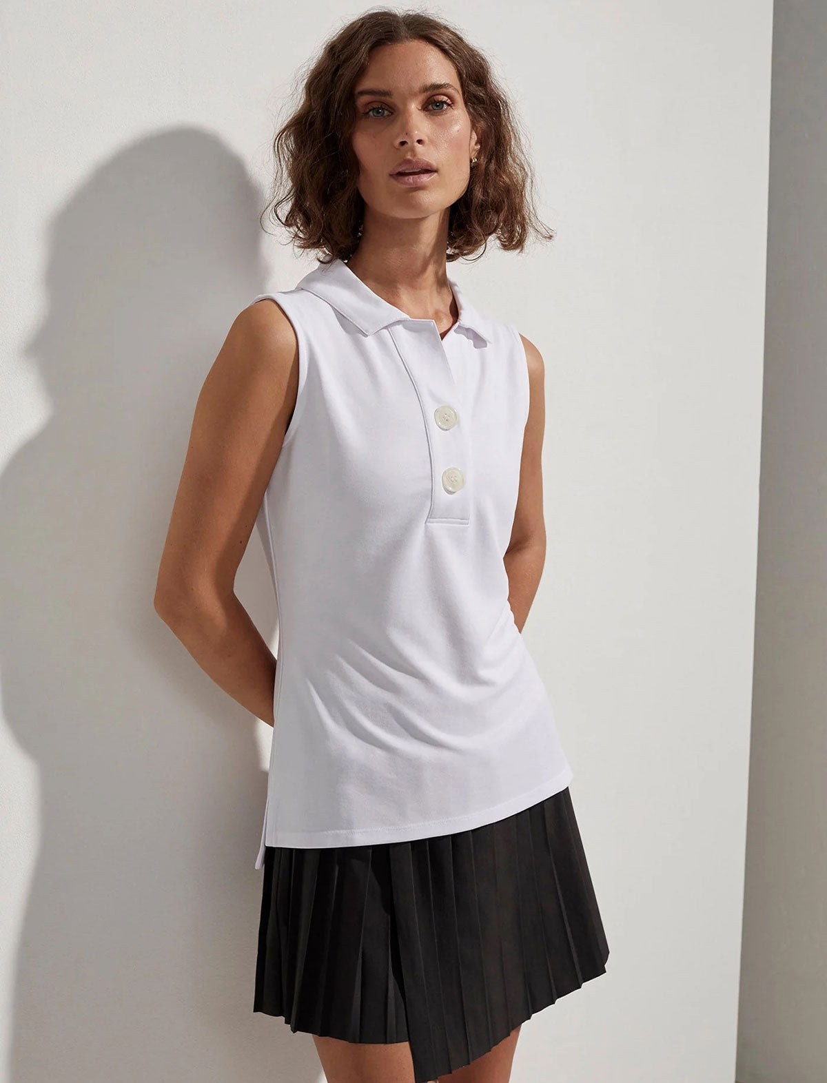 VARLEY Caine Sleeveless Polo Jersey Top In White