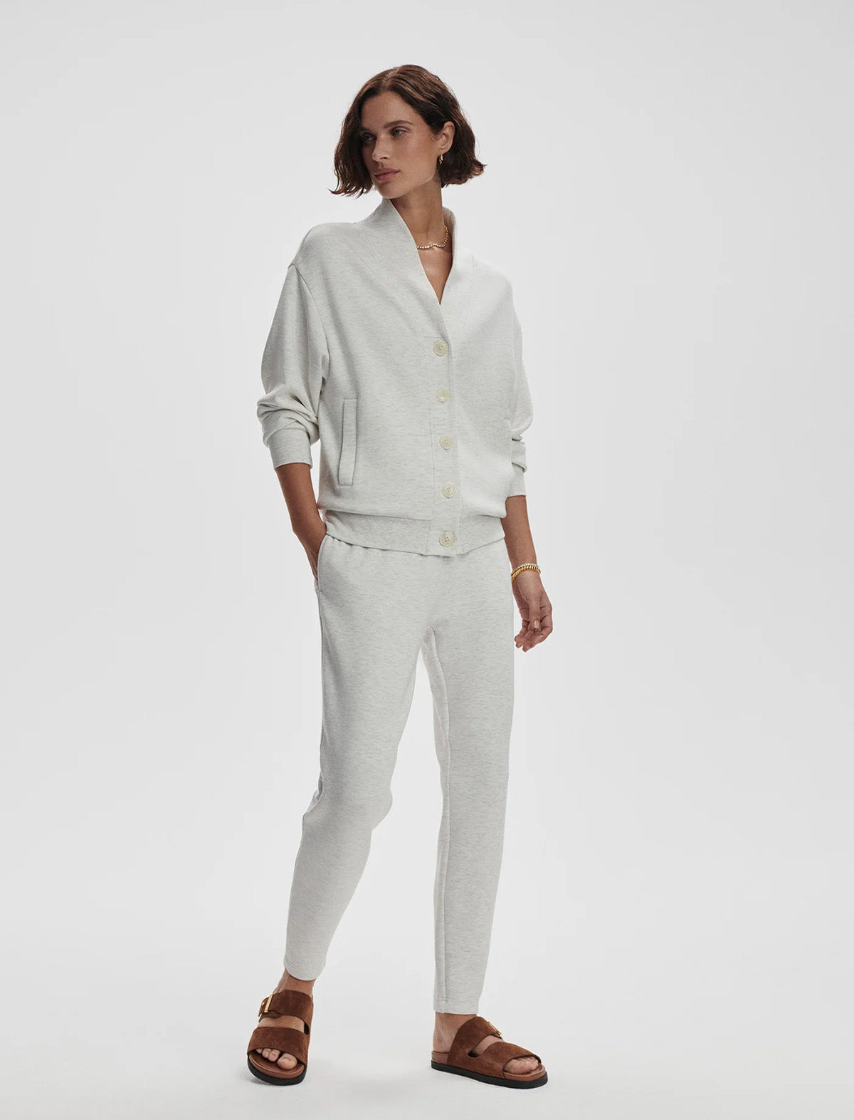 VARLEY Celeste Button Through Sweat in Ivory Marl