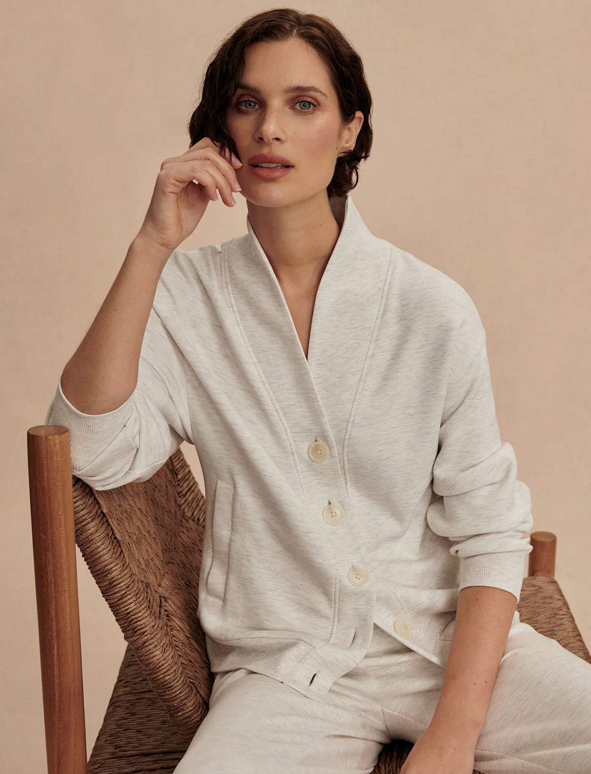 VARLEY Celeste Button Through Sweat in Ivory Marl