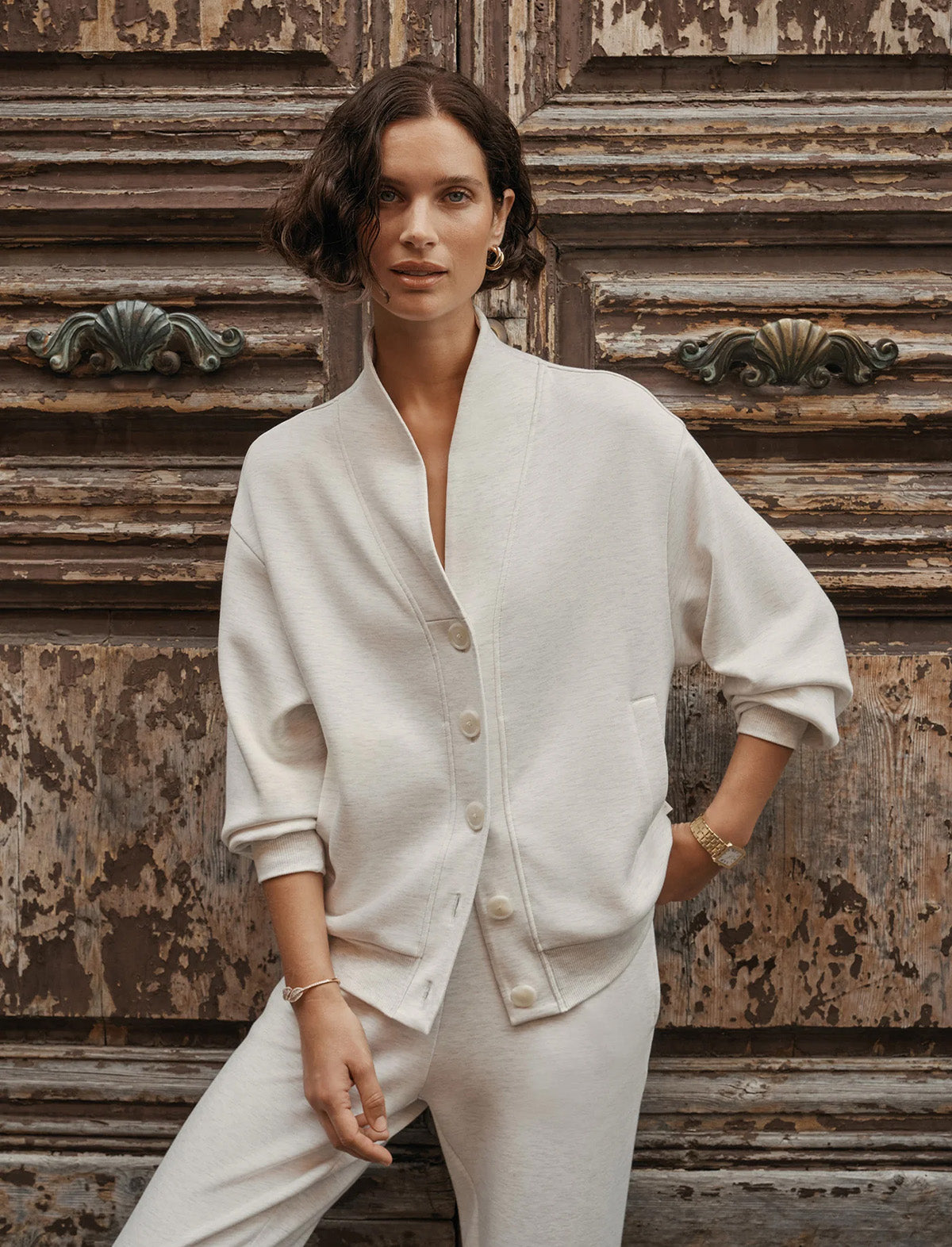 VARLEY Celeste Button Through Sweat in Ivory Marl