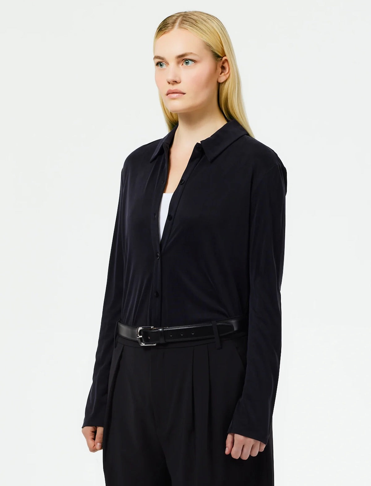 TIBI Deeba Jersey Cupro Slim Shirt in Black